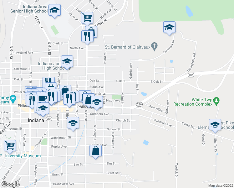 map of restaurants, bars, coffee shops, grocery stores, and more near 219 Water Street in Indiana