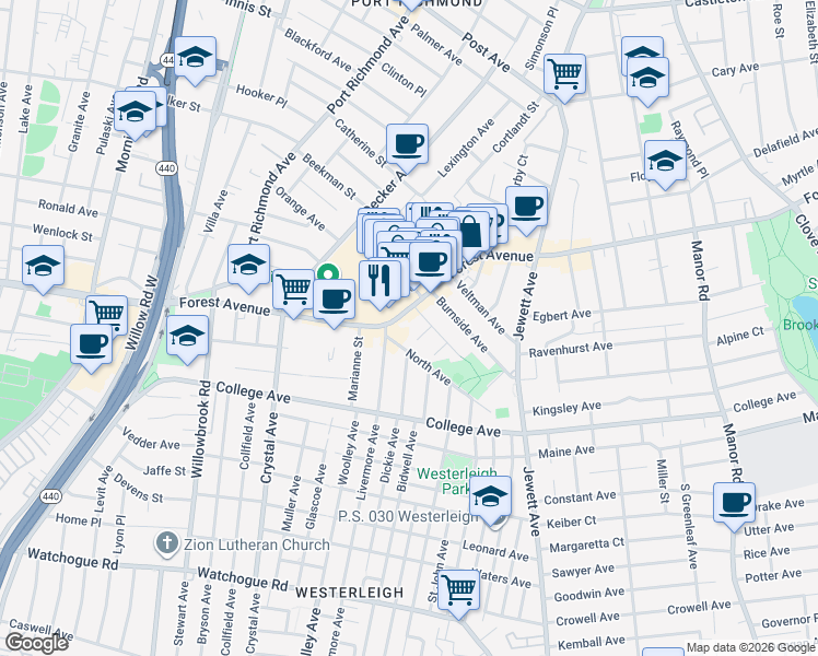 map of restaurants, bars, coffee shops, grocery stores, and more near 1431 Forest Avenue in Staten Island
