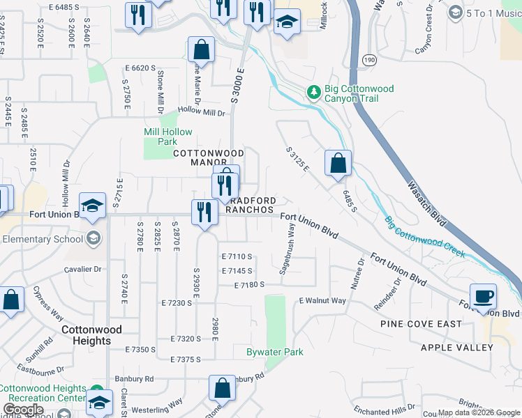 map of restaurants, bars, coffee shops, grocery stores, and more near 6986 Old Ridge Circle in Cottonwood Heights