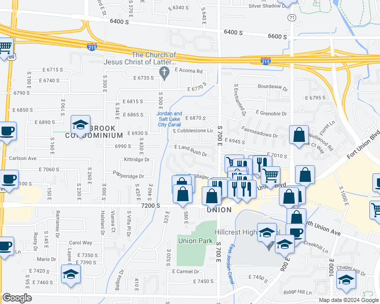 map of restaurants, bars, coffee shops, grocery stores, and more near 605 East Freeland Avenue in Midvale