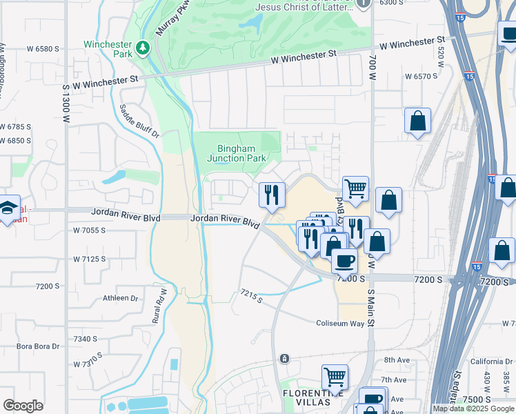 map of restaurants, bars, coffee shops, grocery stores, and more near 6977 South River Fox Way in Midvale