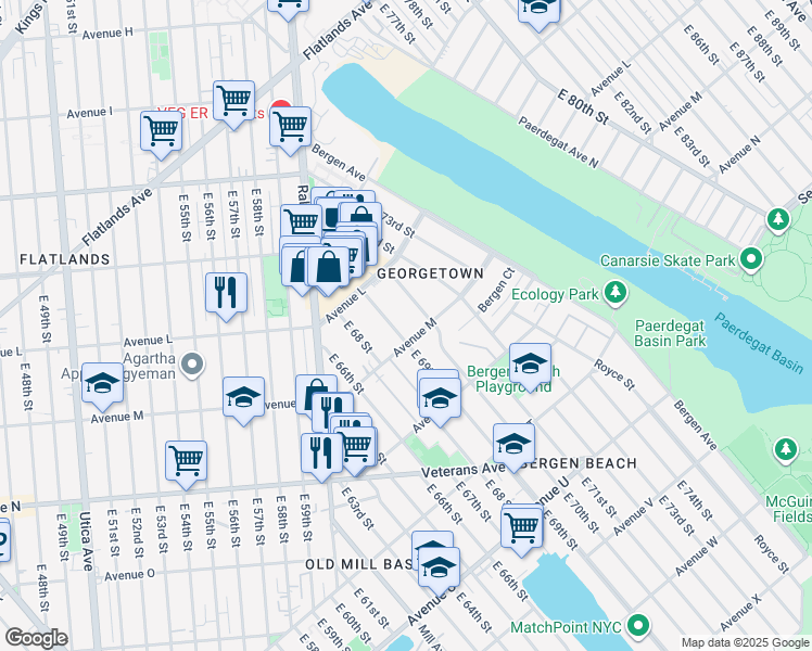 map of restaurants, bars, coffee shops, grocery stores, and more near 1266 East 70th Street in Brooklyn