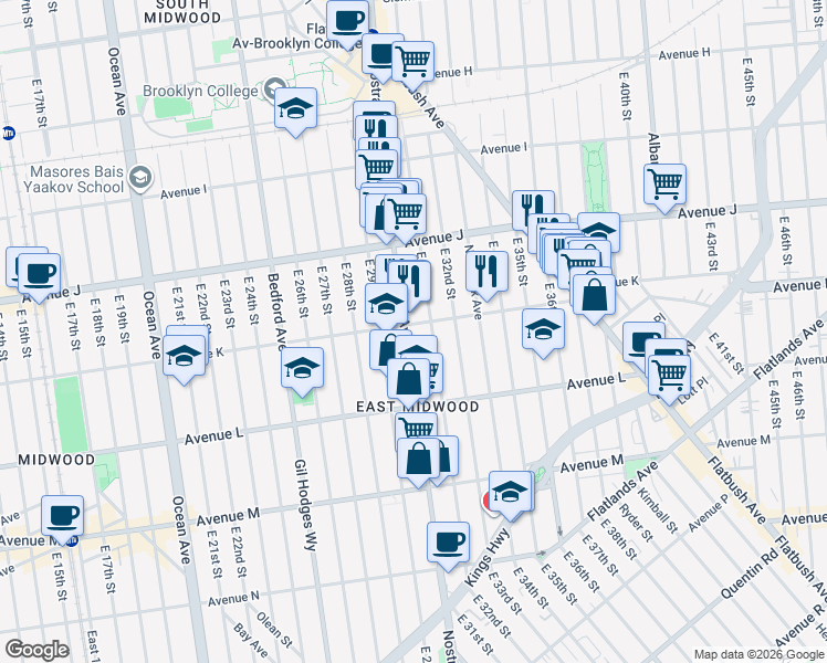 map of restaurants, bars, coffee shops, grocery stores, and more near 1094 East 31st Street in Brooklyn