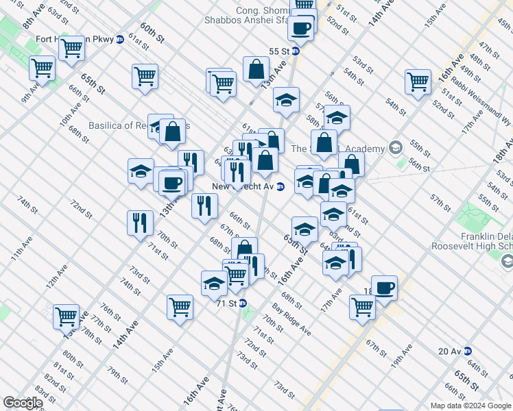 map of restaurants, bars, coffee shops, grocery stores, and more near 1436 64th Street in Brooklyn