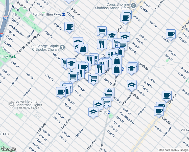 map of restaurants, bars, coffee shops, grocery stores, and more near 1350 66th Street in Brooklyn