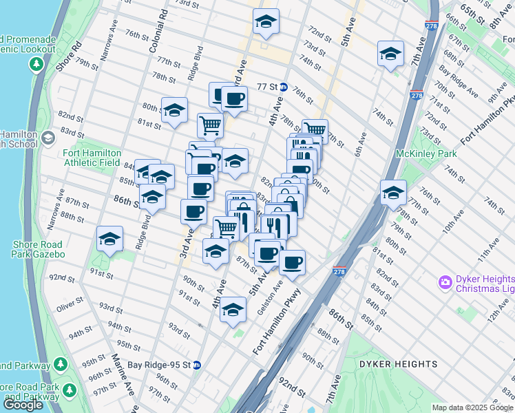 map of restaurants, bars, coffee shops, grocery stores, and more near 439 83rd Street in Brooklyn