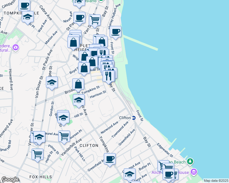 map of restaurants, bars, coffee shops, grocery stores, and more near 722 Bay Street in Staten Island