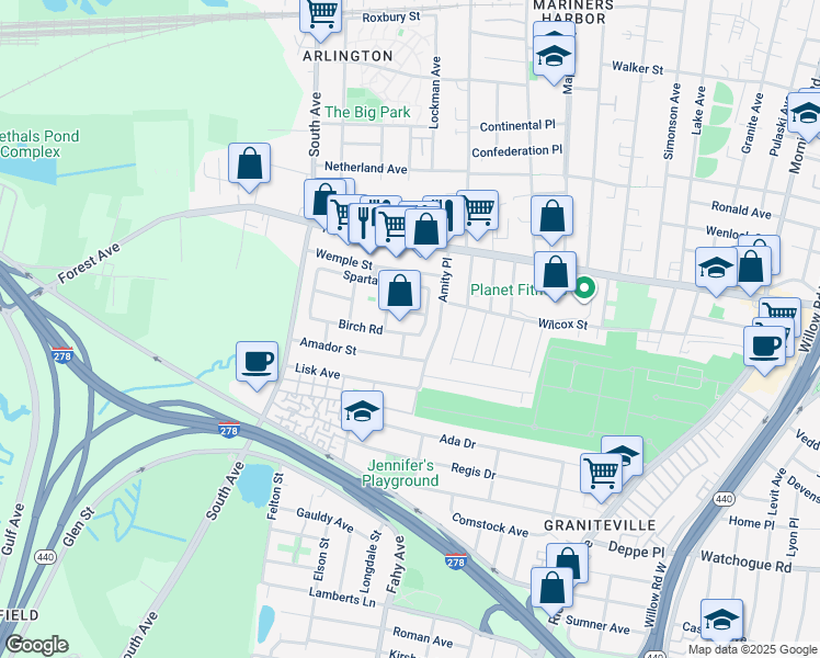 map of restaurants, bars, coffee shops, grocery stores, and more near 26 Albert Court in Staten Island