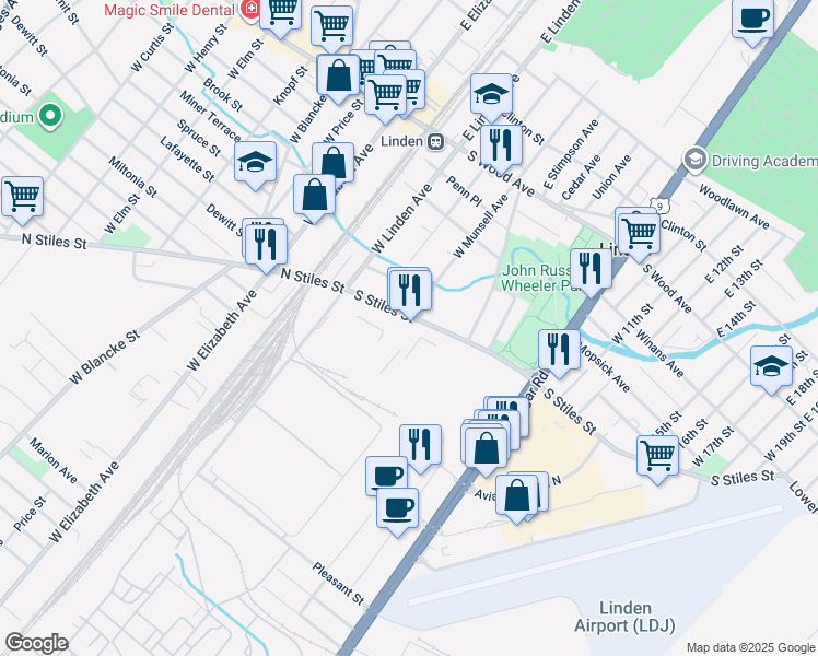 map of restaurants, bars, coffee shops, grocery stores, and more near 227 South Stiles Street in Linden