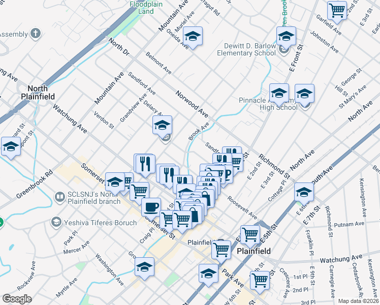 map of restaurants, bars, coffee shops, grocery stores, and more near 70 Westervelt Avenue in Plainfield