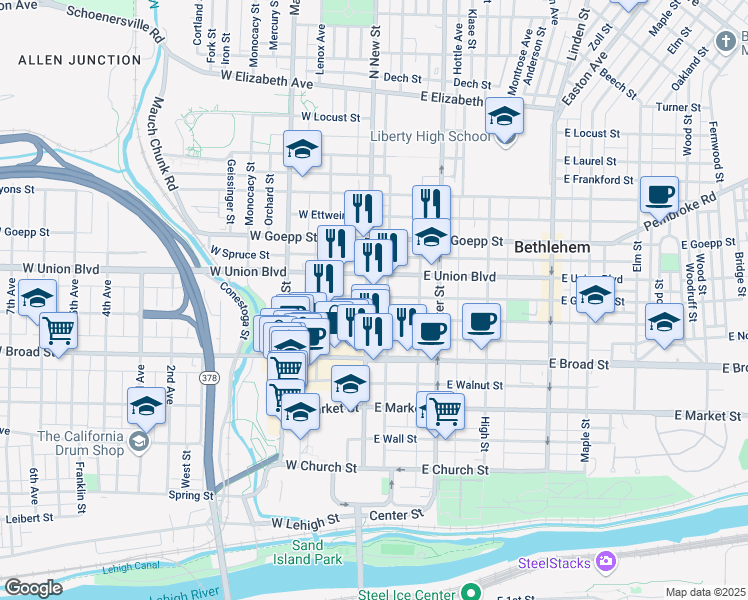 map of restaurants, bars, coffee shops, grocery stores, and more near 728 North New Street in Bethlehem