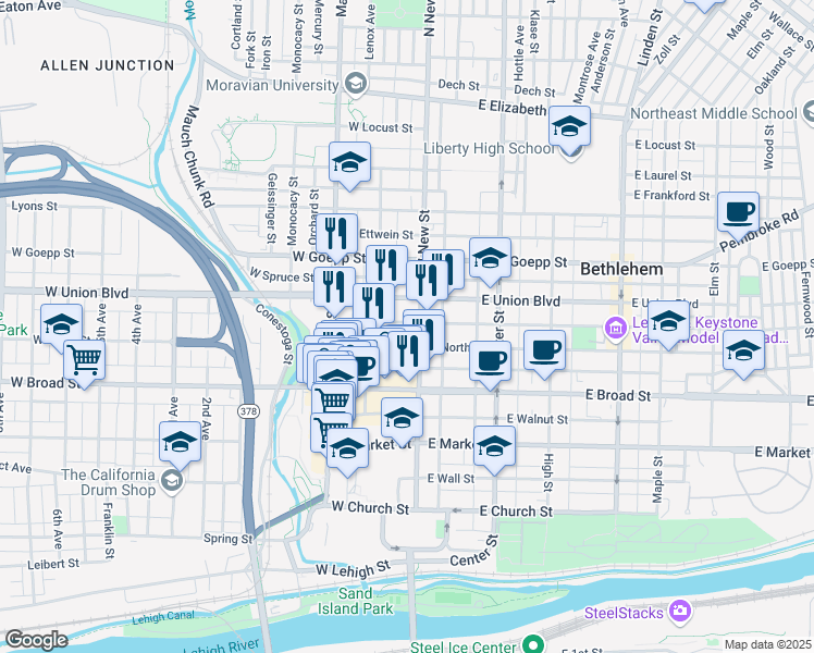 map of restaurants, bars, coffee shops, grocery stores, and more near 28 West Garrison Street in Bethlehem