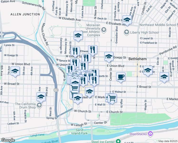 map of restaurants, bars, coffee shops, grocery stores, and more near 21 West Garrison Street in Bethlehem