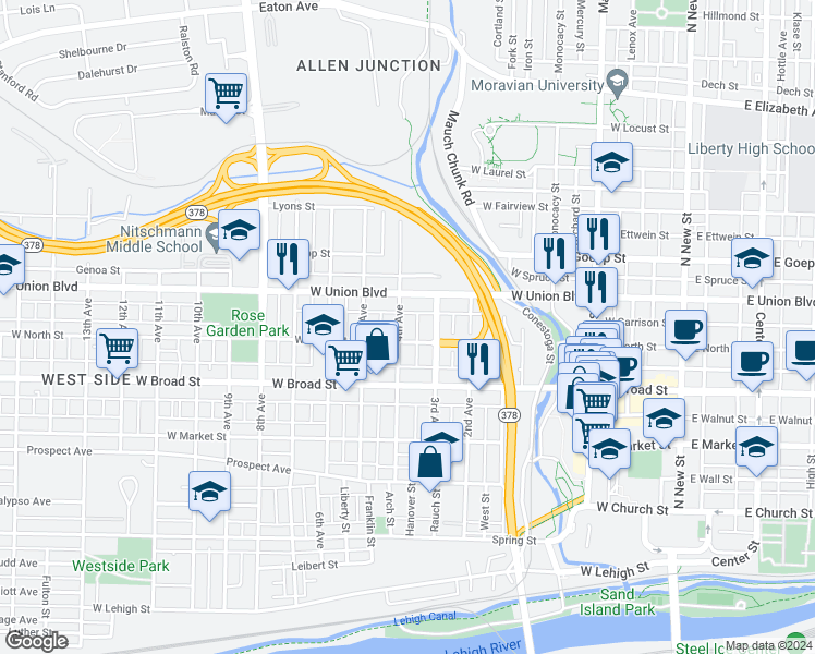map of restaurants, bars, coffee shops, grocery stores, and more near 723 3rd Avenue in Bethlehem