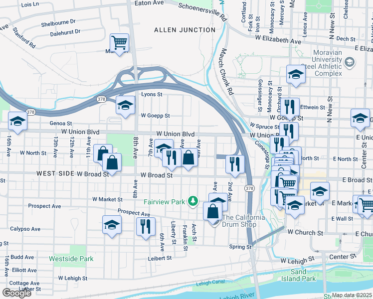 map of restaurants, bars, coffee shops, grocery stores, and more near 725 4th Avenue in Bethlehem