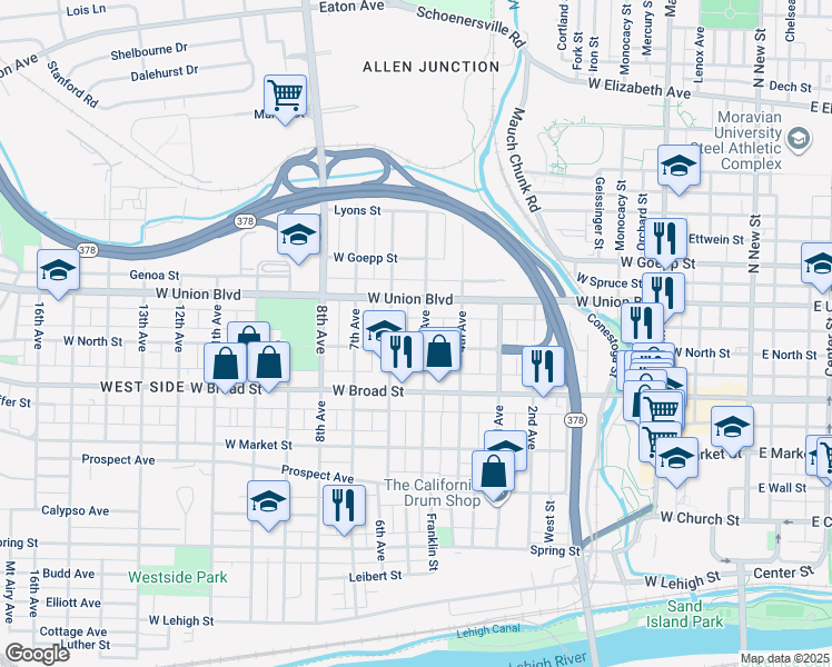 map of restaurants, bars, coffee shops, grocery stores, and more near 719 5th Avenue in Bethlehem