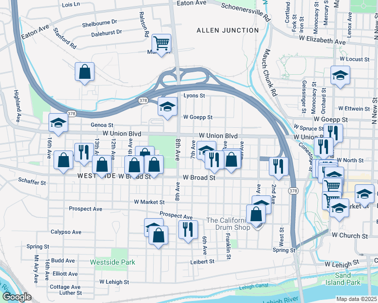 map of restaurants, bars, coffee shops, grocery stores, and more near 720 8th Avenue in Bethlehem