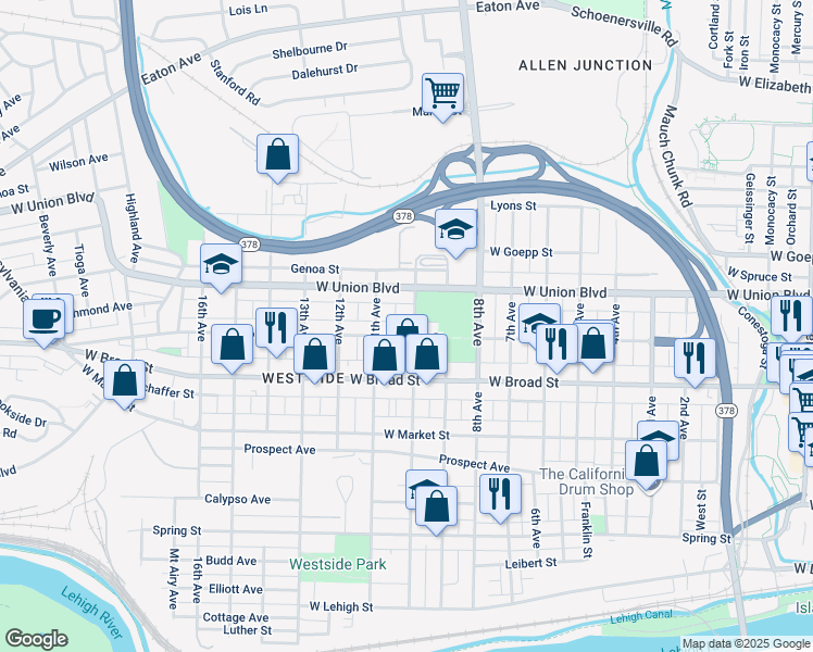 map of restaurants, bars, coffee shops, grocery stores, and more near 721 10th Avenue in Bethlehem