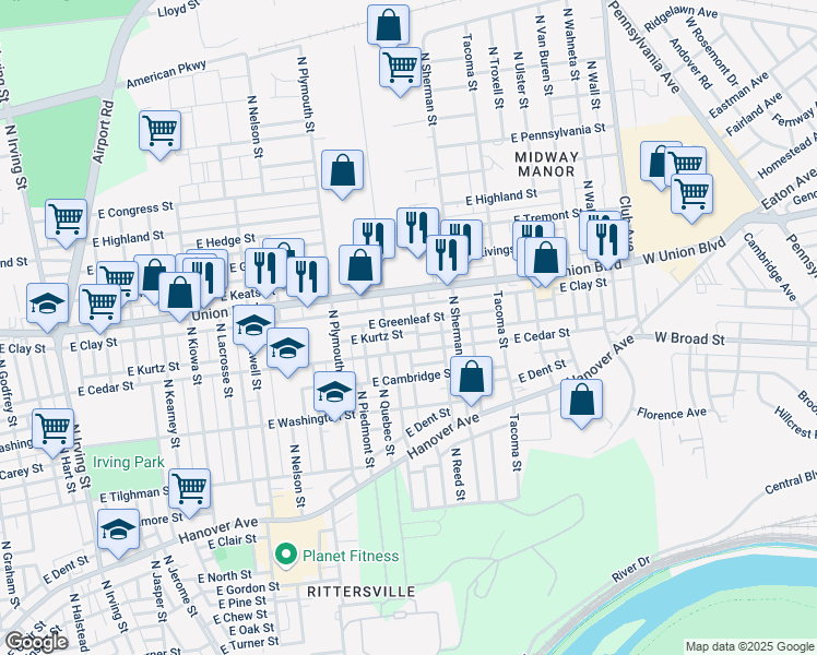 map of restaurants, bars, coffee shops, grocery stores, and more near 1809 East Greenleaf Street in Allentown