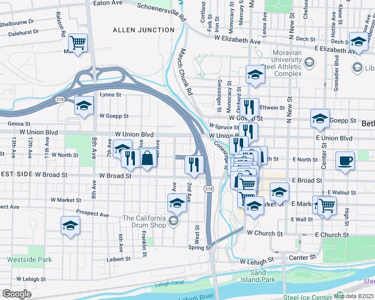 map of restaurants, bars, coffee shops, grocery stores, and more near 715 2nd Avenue in Bethlehem