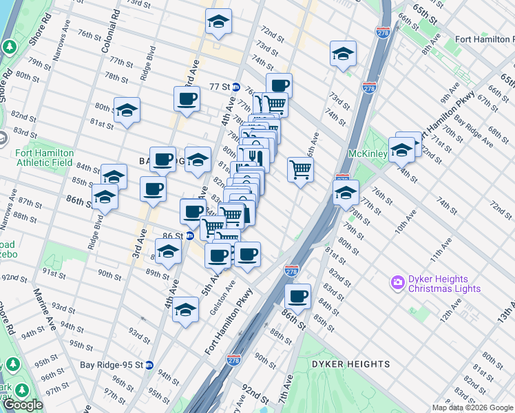 map of restaurants, bars, coffee shops, grocery stores, and more near 533 81st Street in Brooklyn