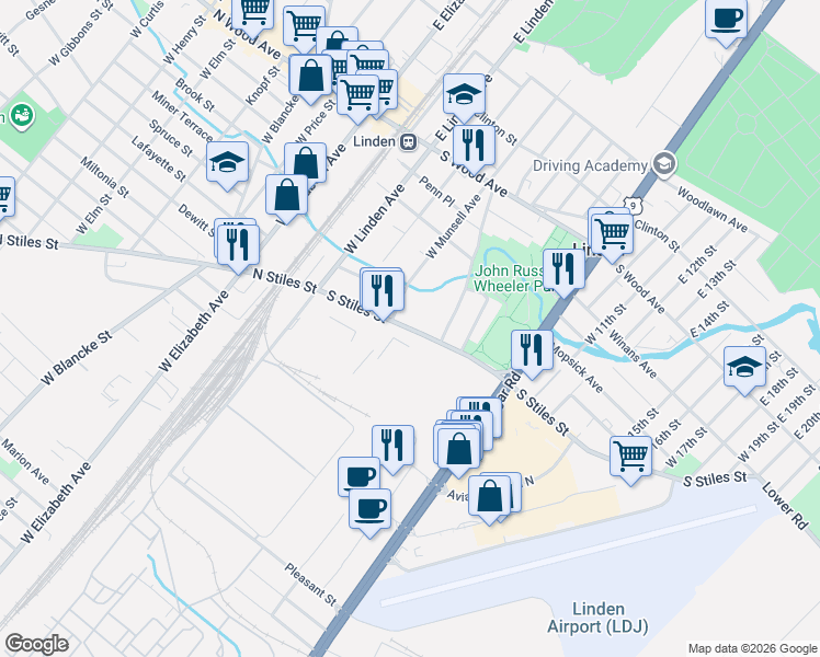 map of restaurants, bars, coffee shops, grocery stores, and more near 227 South Stiles Street in Linden