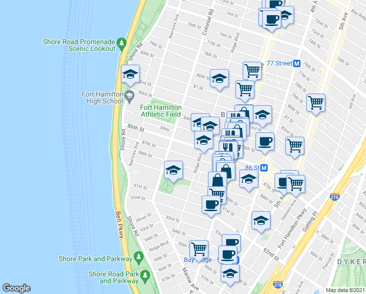 map of restaurants, bars, coffee shops, grocery stores, and more near 132 86th Street in Brooklyn