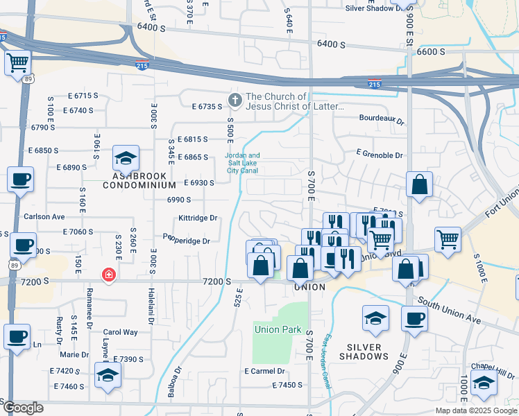 map of restaurants, bars, coffee shops, grocery stores, and more near 561 East Thatcher Way in Midvale