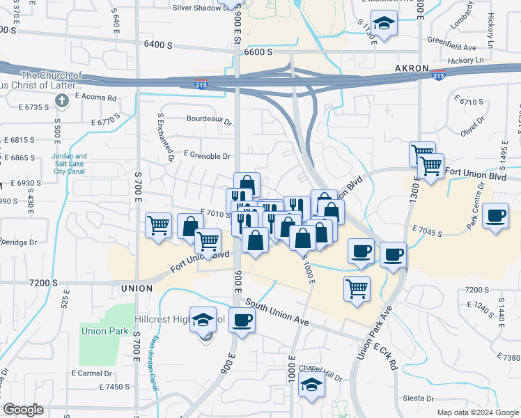 map of restaurants, bars, coffee shops, grocery stores, and more near 6980 Essex Circle in Midvale