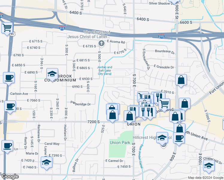 map of restaurants, bars, coffee shops, grocery stores, and more near 561 East Thatcher Way in Midvale