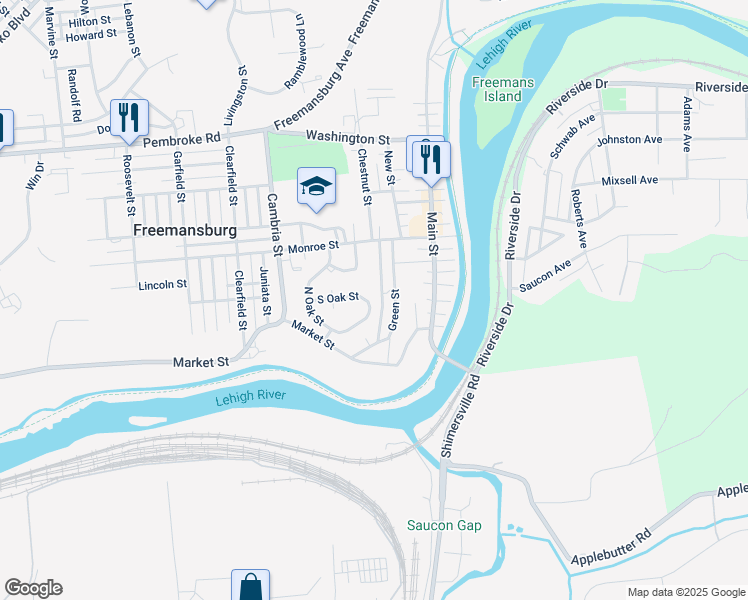 map of restaurants, bars, coffee shops, grocery stores, and more near 377 South Oak Street in Freemansburg