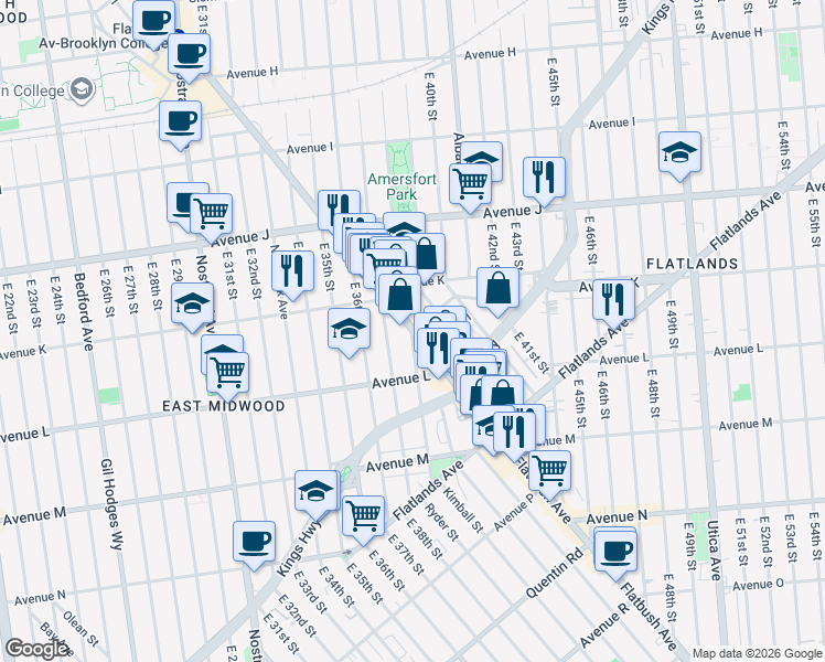 map of restaurants, bars, coffee shops, grocery stores, and more near Flatbush Ave & Hubbard Pl in Brooklyn