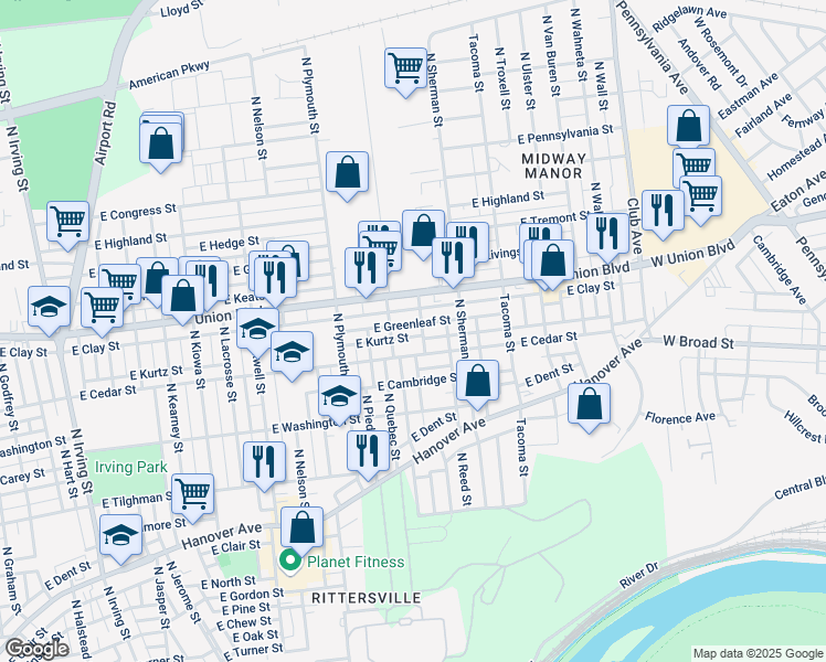 map of restaurants, bars, coffee shops, grocery stores, and more near 1809 East Greenleaf Street in Allentown