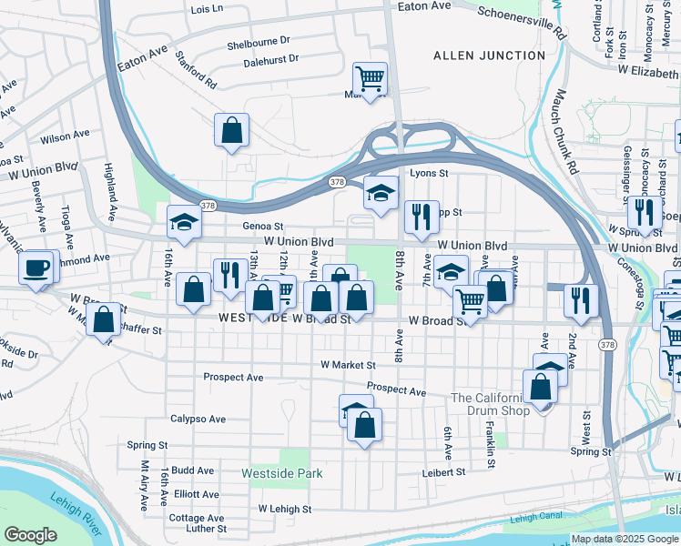 map of restaurants, bars, coffee shops, grocery stores, and more near 721 10th Avenue in Bethlehem