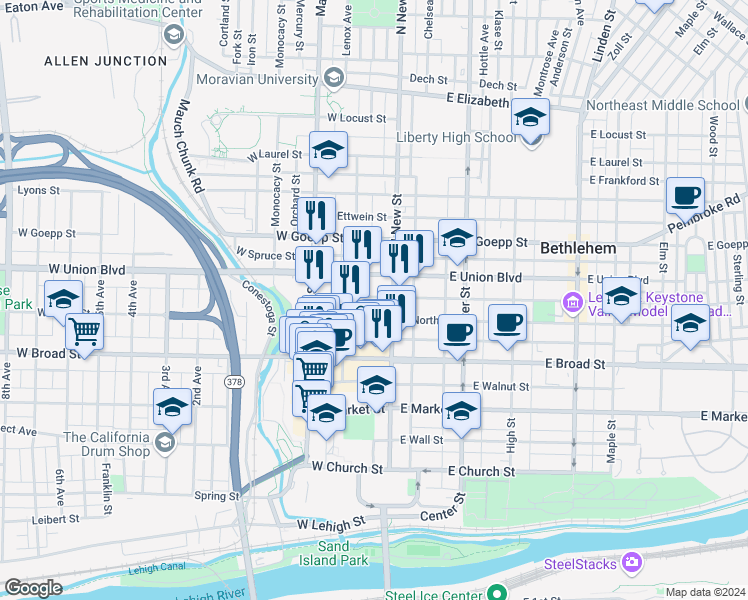 map of restaurants, bars, coffee shops, grocery stores, and more near 21 West Garrison Street in Bethlehem