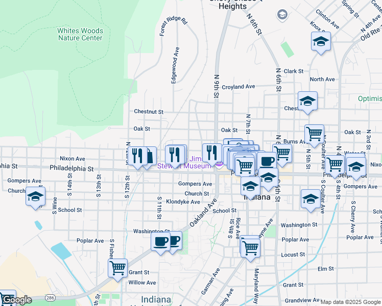 map of restaurants, bars, coffee shops, grocery stores, and more near 998 Water Street in Indiana