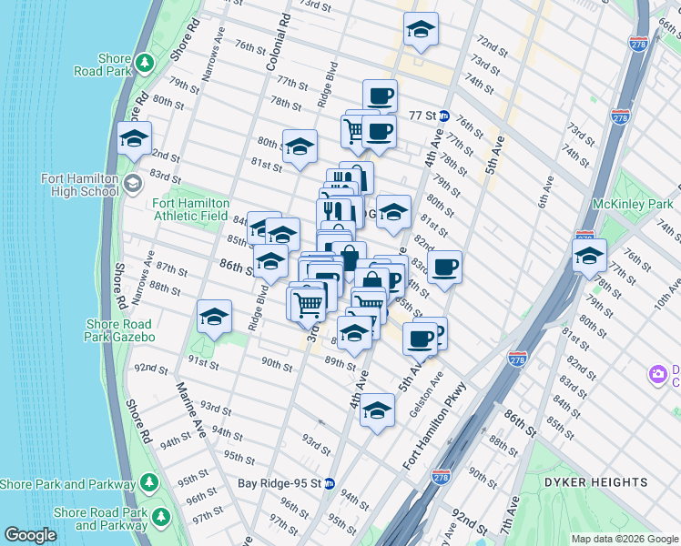 map of restaurants, bars, coffee shops, grocery stores, and more near 311 85th Street in Kings County