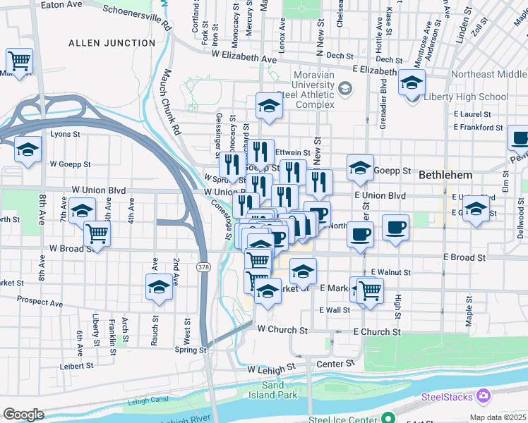 map of restaurants, bars, coffee shops, grocery stores, and more near 716 Main Street in Bethlehem