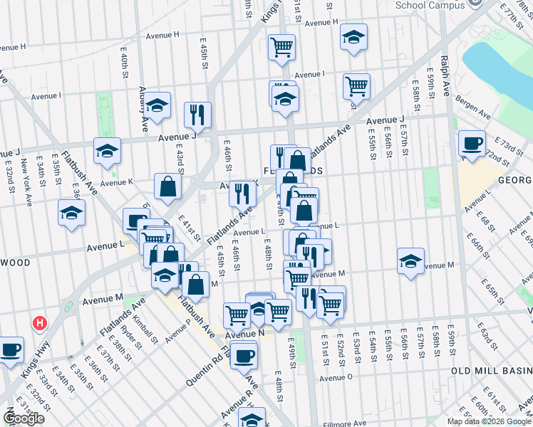 map of restaurants, bars, coffee shops, grocery stores, and more near 1485 East 48th Street in Brooklyn