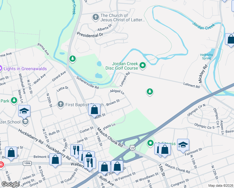 map of restaurants, bars, coffee shops, grocery stores, and more near 1586 Abigail Lane in Allentown