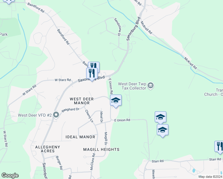 map of restaurants, bars, coffee shops, grocery stores, and more near East Union Road in Russellton