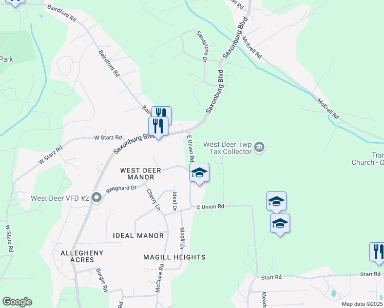 map of restaurants, bars, coffee shops, grocery stores, and more near East Union Road in Russellton
