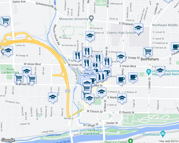 map of restaurants, bars, coffee shops, grocery stores, and more near 77 West Garrison Street in Bethlehem
