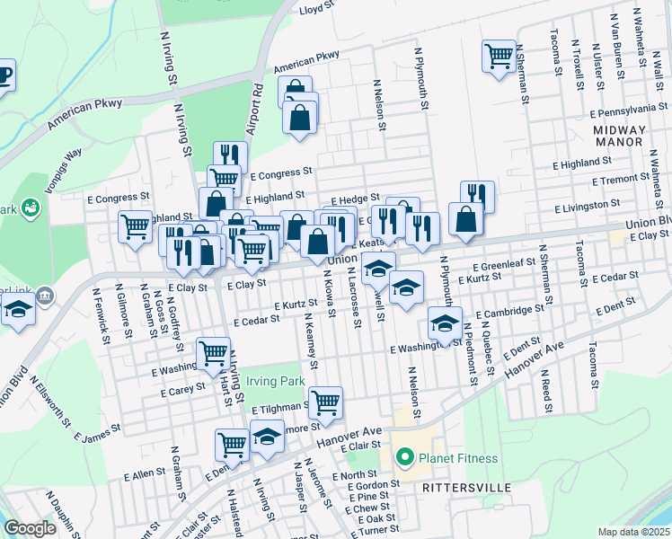 map of restaurants, bars, coffee shops, grocery stores, and more near 1129 State Route 1002 in Allentown