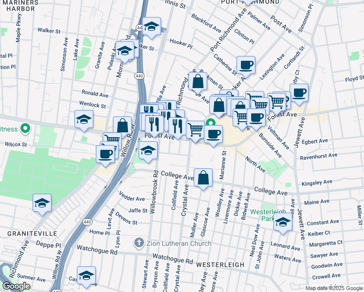 map of restaurants, bars, coffee shops, grocery stores, and more near 11 Pontiac Street in Staten Island