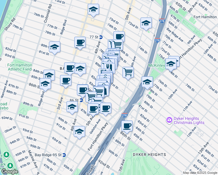 map of restaurants, bars, coffee shops, grocery stores, and more near 511 82nd Street in Brooklyn