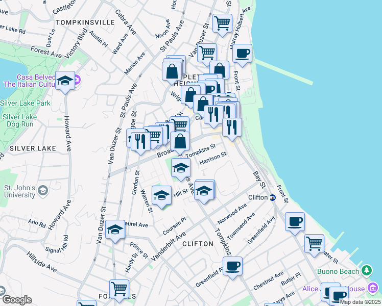 map of restaurants, bars, coffee shops, grocery stores, and more near 112B Broad Street in Staten Island