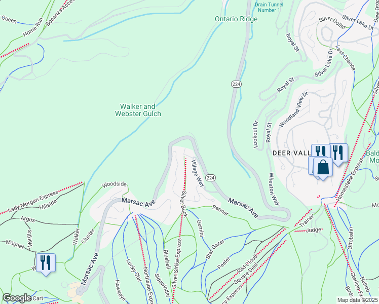 map of restaurants, bars, coffee shops, grocery stores, and more near 7677 Village Way in Park City