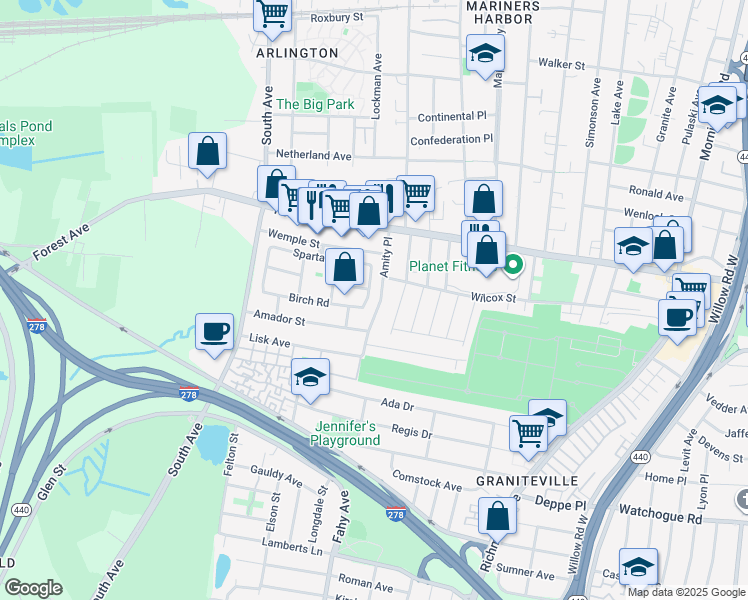 map of restaurants, bars, coffee shops, grocery stores, and more near 77 Amity Place in Staten Island