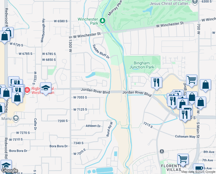 map of restaurants, bars, coffee shops, grocery stores, and more near 6987 Overview Way in West Jordan